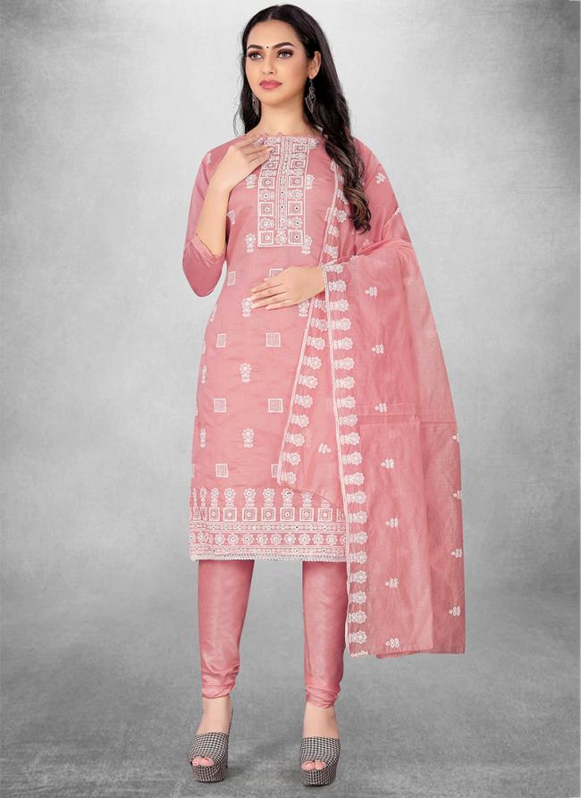 Modal Chanderi Pink Traditional Wear Embroidery Work Churidar Suit